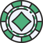 A green and white poker chip, featuring a circular design with alternating colors and a textured surface.